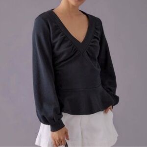 Anthropologie Maeve Black Peplum Puff Sleeve Sweatshirt Sweater Top Small Boho